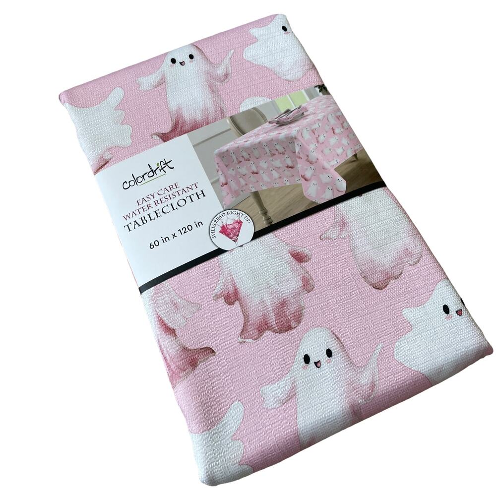 Colordrift Halloween Ghost Tablecloth 60x120 Pastel Pink & White Easy Care NEW - Picture 2 of 15
